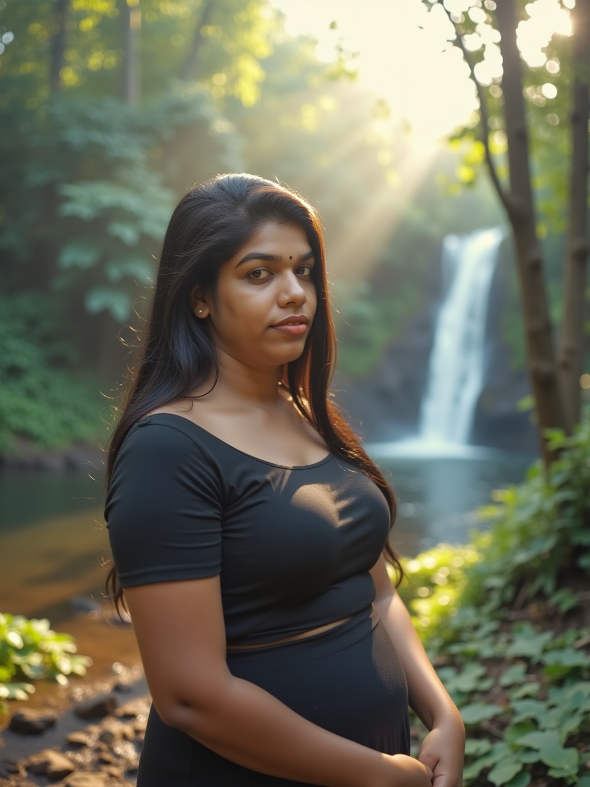 A cinematic shot of a beautiful plump woman standing near the Athirappilly waterfalls,  wearing a modern,  elegant bodycon...