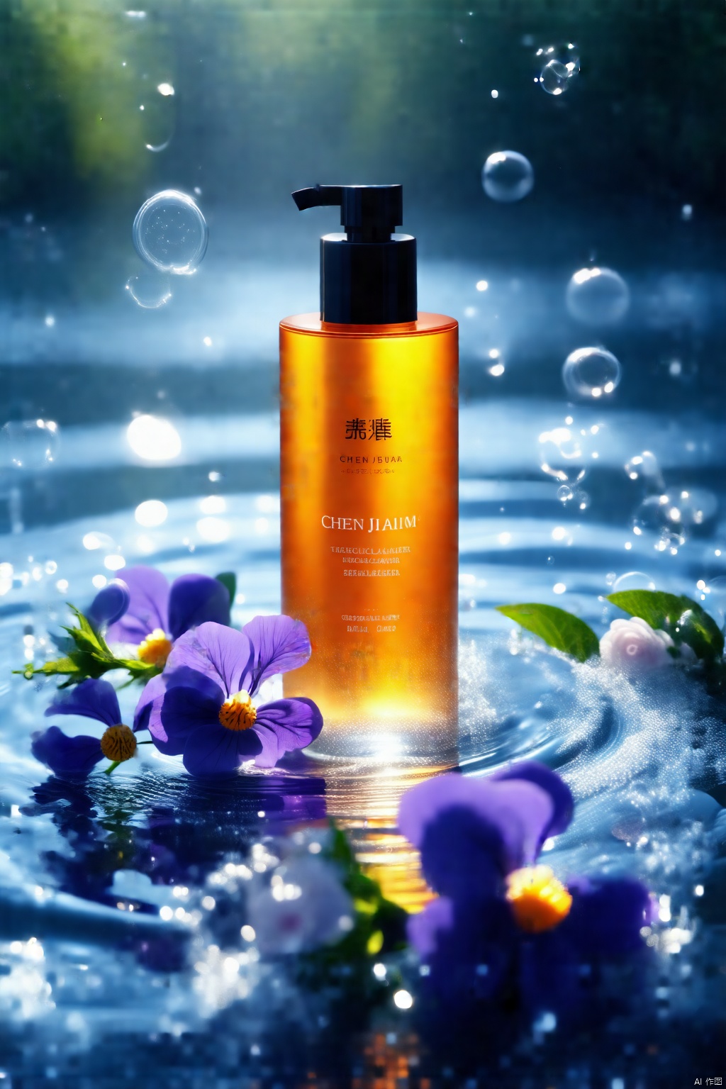 Image generation information: Advertisement shooting,a high-end packaged orange facial cleanser placed on water ripples,white transparent bubbles,blooming violets,blurry foreground,bright pink background,clean,minimalist,Chen Jialiang style,still life photography,different perspectives,