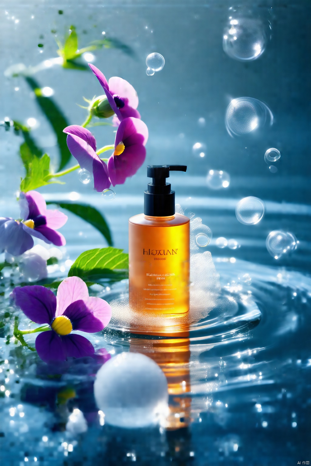 Image generation information: Advertisement shooting,a high-end packaged orange facial cleanser placed on water ripples,white transparent bubbles,blooming violets,blurry foreground,bright pink background,clean,minimalist,Chen Jialiang style,still life photography,different perspectives,