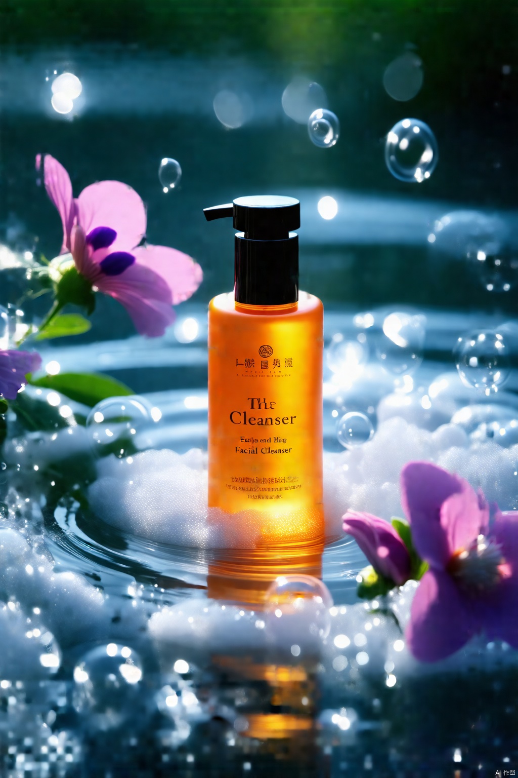 Image generation information: Advertisement shooting,a high-end packaged orange facial cleanser placed on water ripples,white transparent bubbles,blooming violets,blurry foreground,bright pink background,clean,minimalist,Chen Jialiang style,still life photography,different perspectives,
