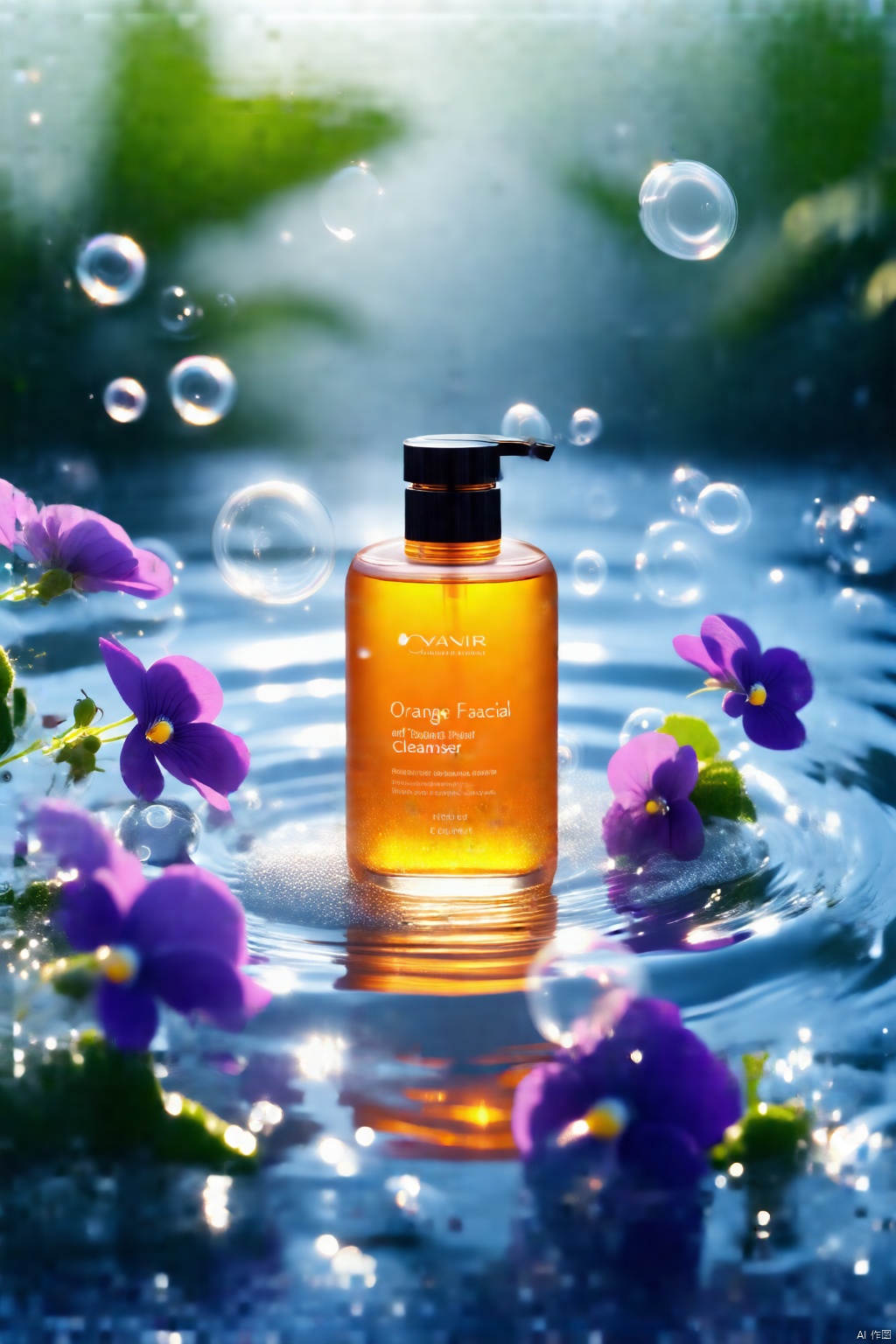 Image generation information: Advertisement shooting,a high-end packaged orange facial cleanser placed on water ripples,white transparent bubbles,blooming violets,blurry foreground,bright pink background,clean,minimalist,Chen Jialiang style,still life photography,different perspectives,