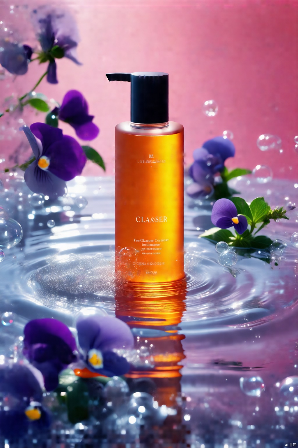 Image generation information: Advertisement shooting,a high-end packaged orange facial cleanser placed on water ripples,white transparent bubbles,blooming violets,blurry foreground,bright pink background,clean,minimalist,Chen Jialiang style,still life photography,different perspectives,
