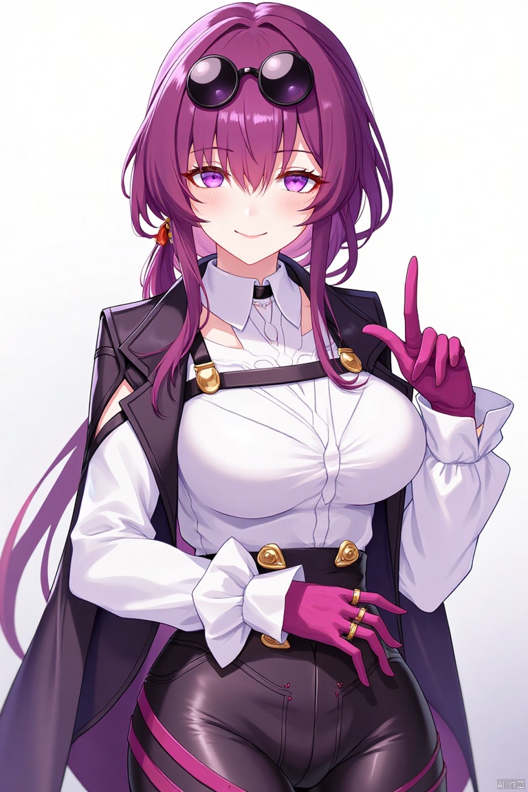1girl, solo, long hair, breasts, looking at viewer, smile, bangs, shirt, gloves, long sleeves, hair between eyes, jewelry, purple eyes, jacket, white shirt, purple hair, earrings, shorts, sunglasses, ring, eyewear on head