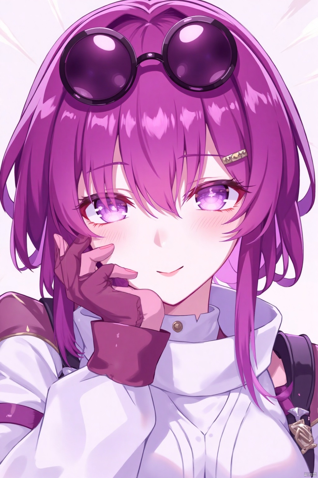 1girl, solo, looking at viewer, smile, bangs, gloves, long sleeves, hair between eyes, purple eyes, white shirt, upper body, purple hair, sunglasses, eyewear on head, hand on own face, hand on own cheek