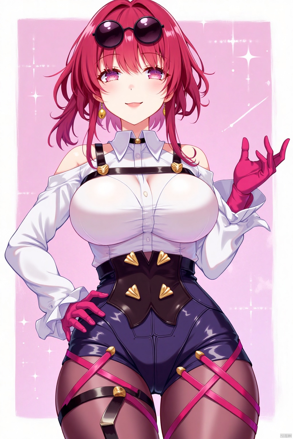 1girl, solo, breasts, looking at viewer, smile, bangs, large breasts, shirt, gloves, long sleeves, jewelry, pantyhose, red hair, earrings, shorts, pink eyes, thigh strap, from below, sunglasses, eyewear on head, pink gloves