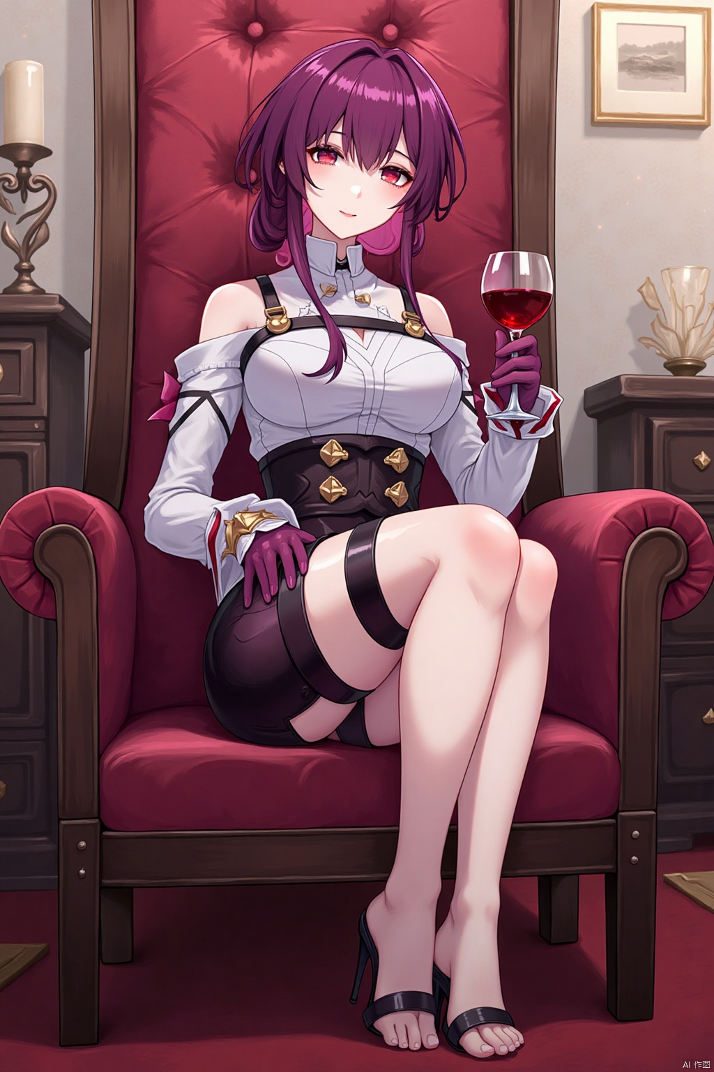 1girl, solo, long hair, breasts, looking at viewer, skirt, large breasts, red eyes, gloves, holding, bare shoulders, sitting, full body, purple hair, shoes, barefoot, indoors, black footwear, high heels, feet, cup, legs, thigh strap, toes, holding cup, drinking glass, wine glass, scathach \(fate\)