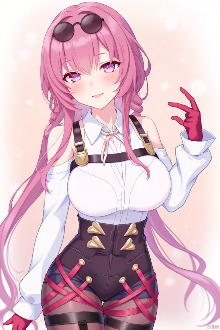 1girl, solo, long hair, breasts, looking at viewer, blush, smile, bangs, large breasts, shirt, gloves, long sleeves, bare shoulders, white shirt, pink hair, pantyhose, shorts, pink eyes, thigh strap, sunglasses, eyewear on head, red gloves