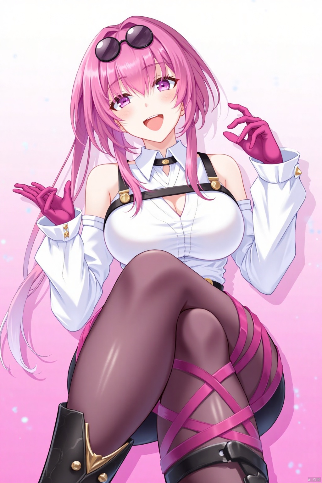 1girl, solo, long hair, breasts, looking at viewer, smile, bangs, shirt, gloves, long sleeves, cleavage, sitting, purple eyes, full body, white shirt, pink hair, pantyhose, boots, choker, black footwear, sunglasses, eyewear on head, pink gloves