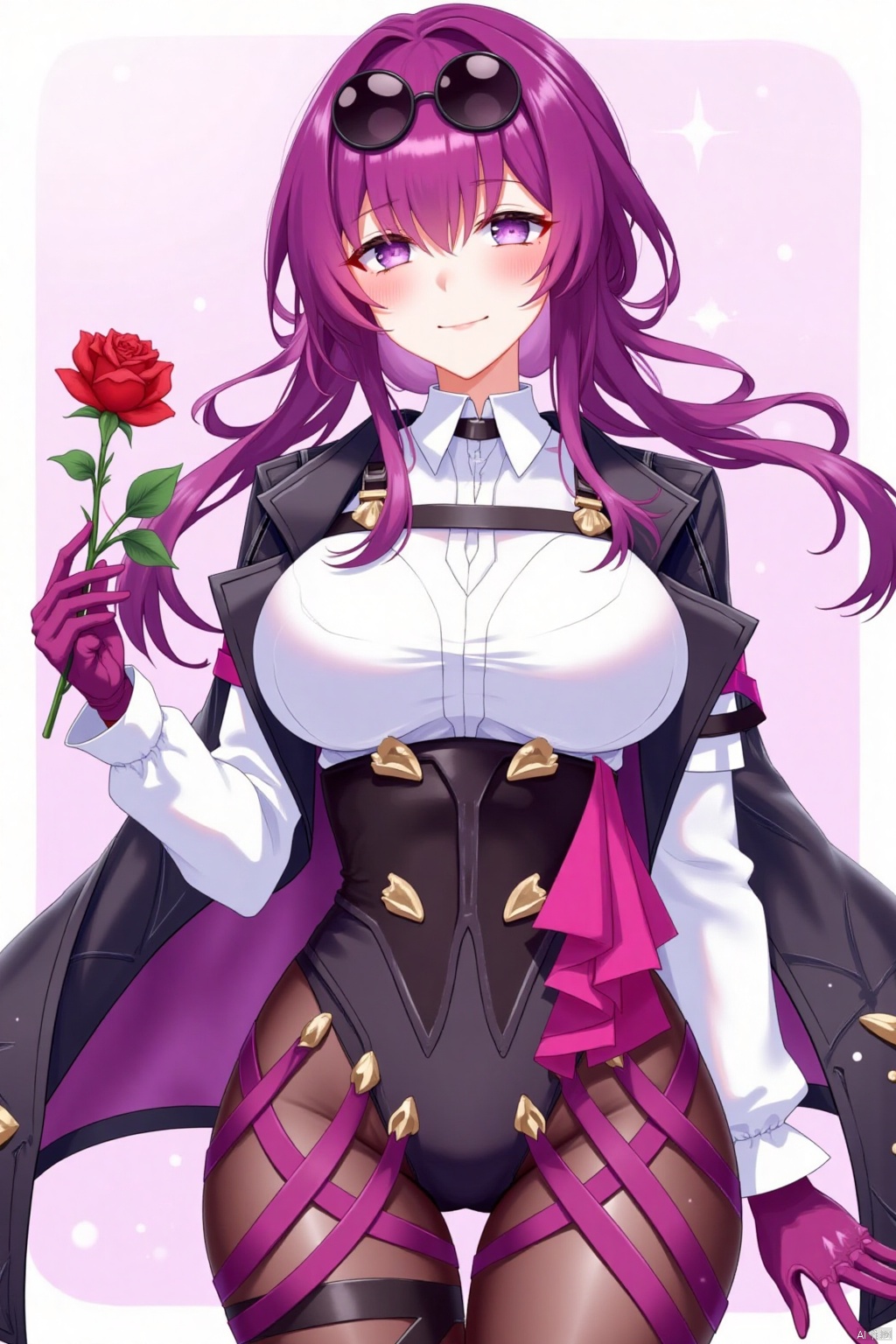 1girl, solo, long hair, breasts, looking at viewer, blush, smile, bangs, large breasts, shirt, gloves, long sleeves, holding, closed mouth, purple eyes, jacket, white shirt, purple hair, flower, pantyhose, black jacket, black pantyhose, rose, sunglasses, red flower, eyewear on head, red rose, holding flower, purple gloves