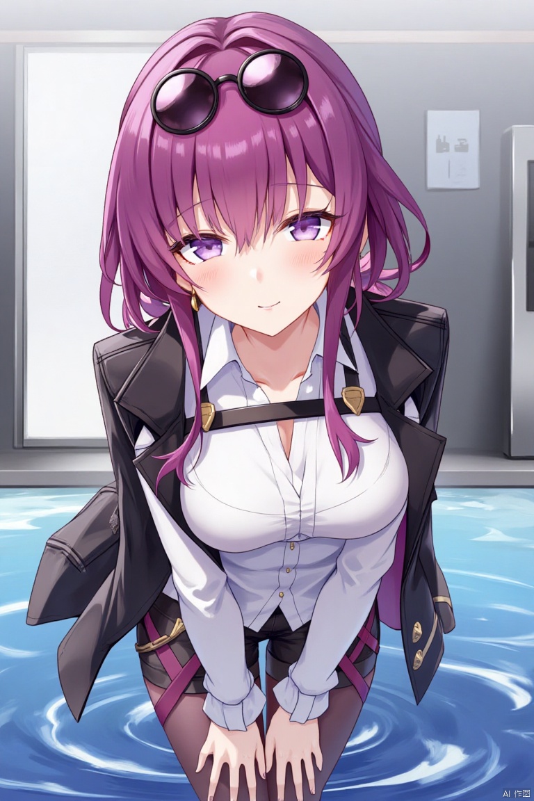 1girl, solo, long hair, breasts, looking at viewer, smile, bangs, large breasts, shirt, long sleeves, cleavage, jewelry, standing, purple eyes, jacket, white shirt, purple hair, pantyhose, earrings, parted lips, shorts, collared shirt, indoors, water, black jacket, short shorts, leaning forward, sunglasses, eyewear on head, jacket on shoulders