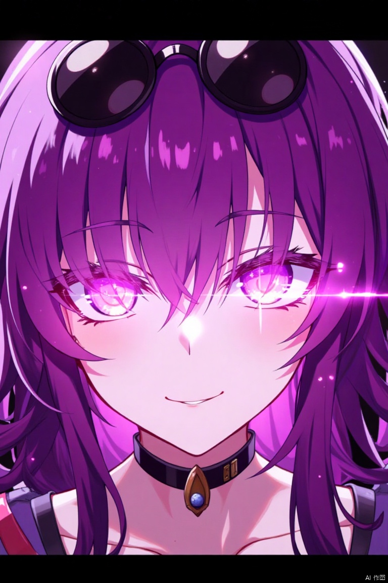 1girl, solo, long hair, looking at viewer, smile, bangs, hair between eyes, purple eyes, purple hair, parted lips, choker, pink eyes, glowing, chain, black choker, sunglasses, letterboxed, portrait, eyewear on head