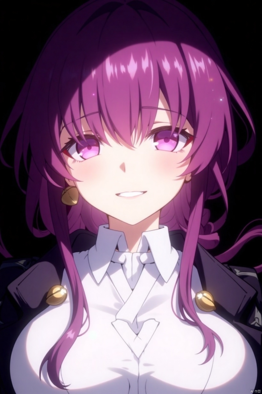 1girl, solo, long hair, looking at viewer, smile, bangs, shirt, jewelry, white shirt, upper body, purple hair, earrings, collared shirt, pink eyes, grin, black background