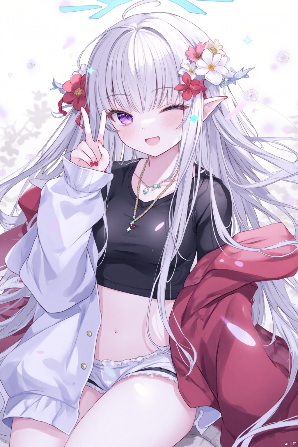 1girl, solo, long hair, looking at viewer, blush, smile, open mouth, bangs, hair ornament, long sleeves, jewelry, sitting, very long hair, purple eyes, jacket, flower, white hair, one eye closed, open clothes, shorts, pointy ears, hair flower, necklace, nail polish, open jacket, crop top, black shirt, sparkle, v, halo, white jacket, ;d, white flower, red nails, red jacket