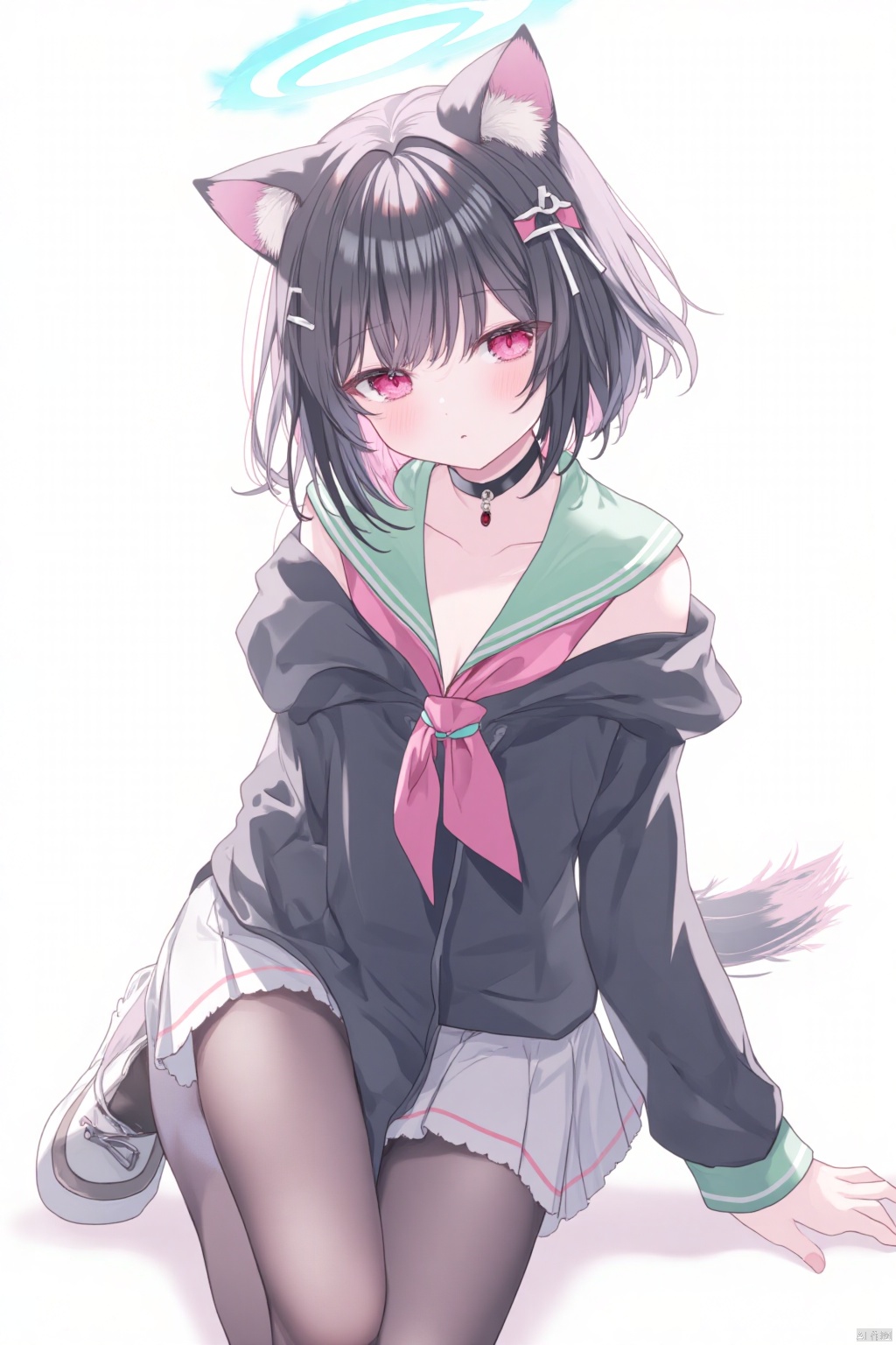 1girl, solo, looking at viewer, blush, short hair, bangs, skirt, simple background, black hair, hair ornament, red eyes, long sleeves, white background, animal ears, closed mouth, jacket, pink hair, pantyhose, multicolored hair, pleated skirt, shoes, choker, hairclip, cat ears, hood, miniskirt, pink eyes, sailor collar, two-tone hair, black jacket, neckerchief, sleeves past wrists, black pantyhose, black choker, halo, white skirt, hood down, sneakers, hooded jacket, brown pantyhose, paw pose, colored inner hair, one knee, green sailor collar, pink neckerchief