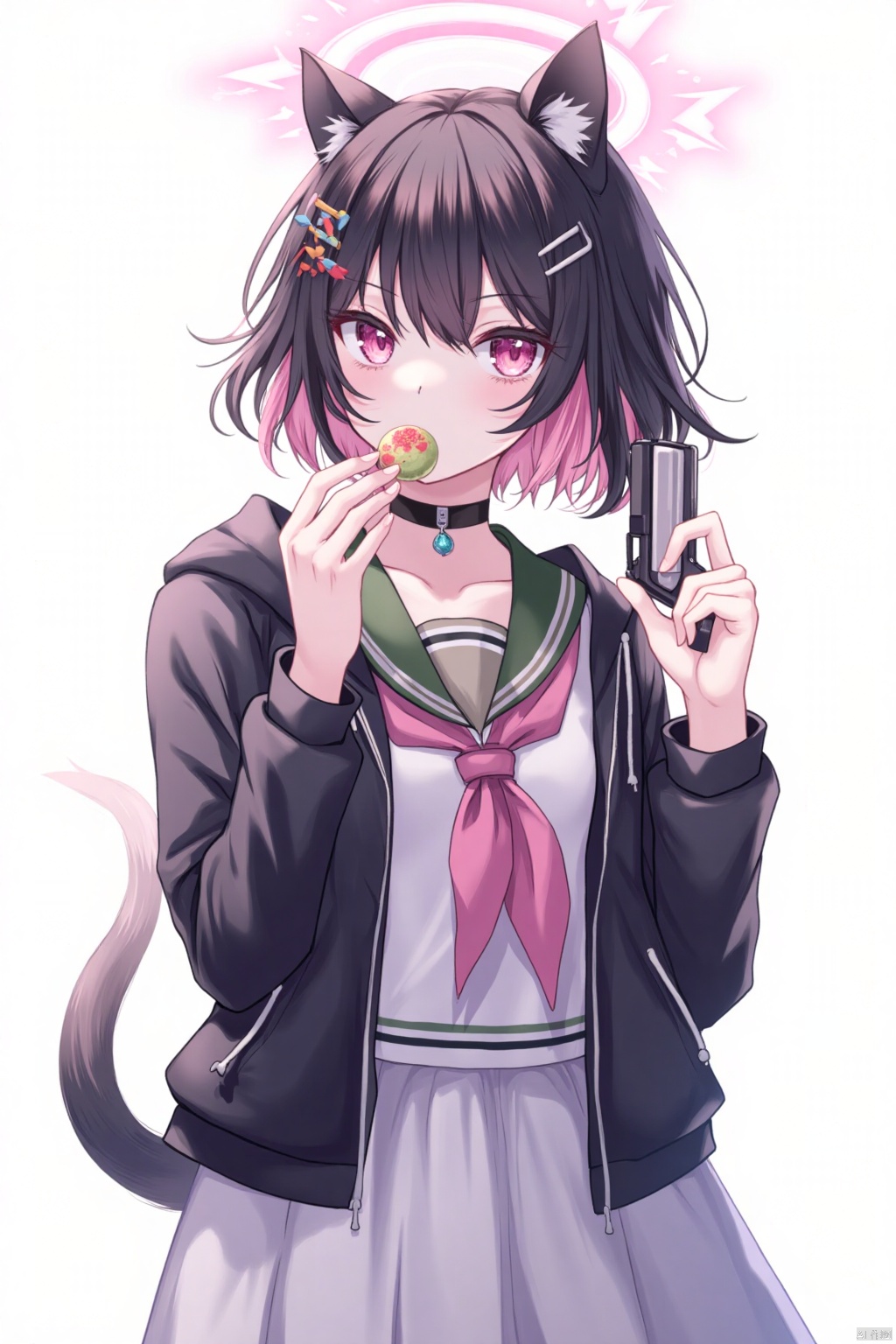 1girl, solo, looking at viewer, short hair, bangs, skirt, simple background, black hair, hair ornament, long sleeves, white background, animal ears, collarbone, jacket, upper body, weapon, pink hair, multicolored hair, food, choker, hairclip, hood, pink eyes, sailor collar, two-tone hair, black jacket, neckerchief, gun, black choker, halo, mouth hold, white skirt, hood down, hooded jacket, colored inner hair, food in mouth, green sailor collar, macaron, pink neckerchief