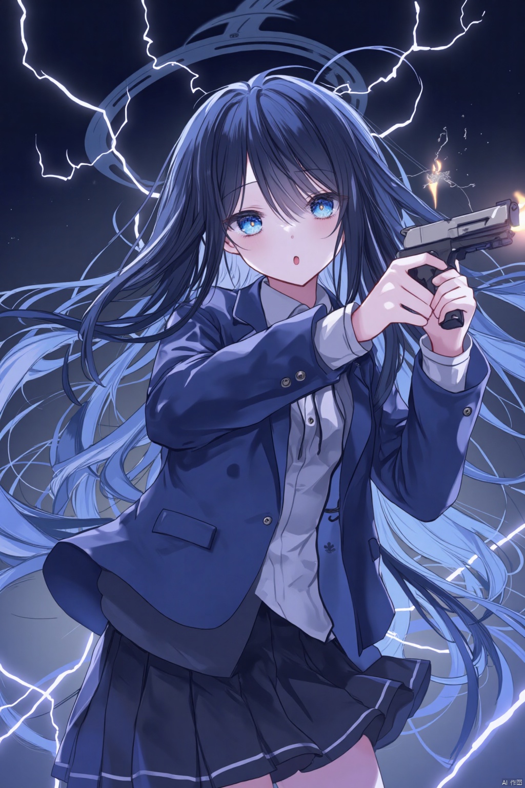 1girl, solo, long hair, open mouth, blue eyes, skirt, black hair, long sleeves, holding, blue hair, jacket, weapon, pleated skirt, black skirt, holding weapon, gun, one side up, halo, holding gun, forehead, electricity, firing, aiming, aris \(blue archive\)