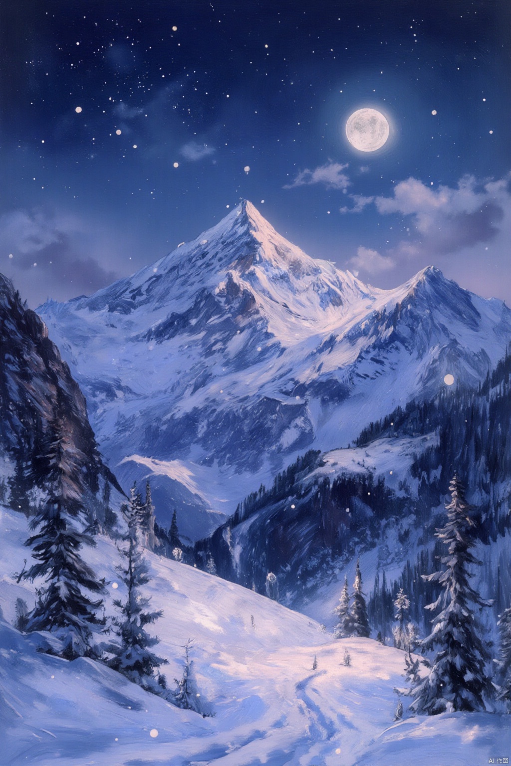 oil painting,OByouhua,
A mesmerizing oil painting of a snow-covered mountain range, bathed in the soft, ethereal light of a full moon. The snow-capped peaks, painted with a variety of whites and grays, stand against a backdrop of a clear, star-studded night sky. The subtle light of the moon creates a magical atmosphere, highlighting the pristine beauty of the landscape. The textures of the snow and the surrounding air are meticulously rendered, capturing the serenity and quietude of a winter wonderland.