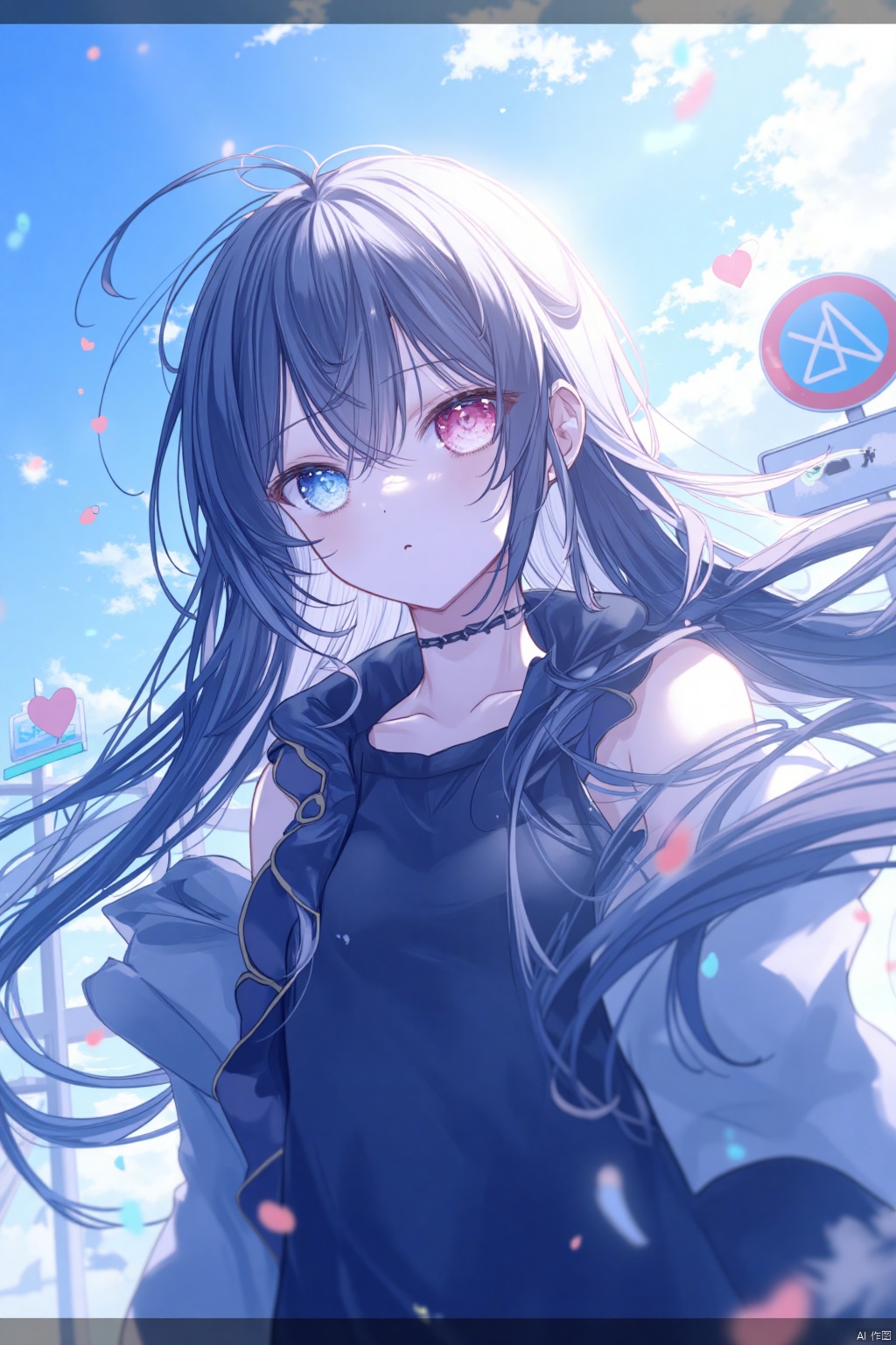 blue and white theme,masterpiece,facing the lens,best quality,very aesthetic,1girl,extremely delicate and beautiful,Noise and grain,huge filesize,amazing quality,32K UHD,1girl,heterochromia,solo,blue eyes,red eyes,sky,heart,black hair,outdoors,letterboxed,looking at viewer,blue sky,bangs,cloud,jacket,long sleeves,sign,day,road sign,off shoulder,choker,black jacket,collarbone,closed mouth,standing,shirt,(panorama:1.5),background light,chromatic_aberration,front view,facing_away,from_below,simple_background,