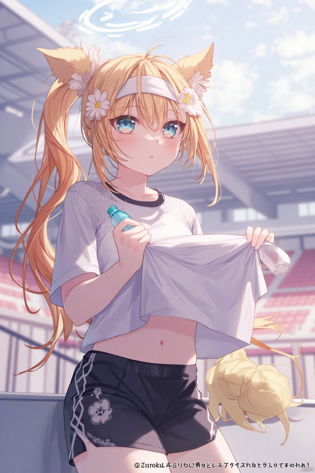 1girl, solo, long hair, breasts, looking at viewer, blush, bangs, blue eyes, blonde hair, shirt, hair ornament, navel, holding, animal ears, white shirt, ponytail, flower, short sleeves, sidelocks, cowboy shot, sweat, hairband, outdoors, shorts, day, hair flower, clothes lift, orange hair, official alternate costume, animal ear fluff, short shorts, halo, shirt lift, black shorts, bottle, lifted by self, gym uniform, white hairband, holding bottle, water bottle, gym shorts, stadium, mari \(blue archive\)
