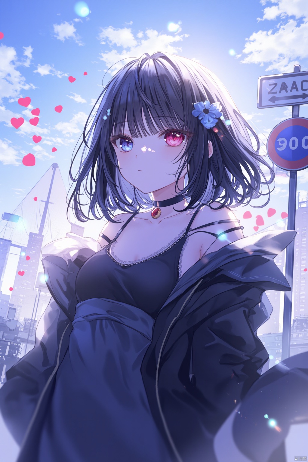 blue and white theme,masterpiece,facing the lens,best quality,very aesthetic,1girl,extremely delicate and beautiful,Noise and grain,huge filesize,amazing quality,32K UHD,1girl,heterochromia,solo,blue eyes,red eyes,sky,heart,black hair,outdoors,letterboxed,looking at viewer,blue sky,bangs,cloud,jacket,long sleeves,sign,day,road sign,off shoulder,choker,black jacket,collarbone,closed mouth,standing,shirt,(panorama:1.5),background light,chromatic_aberration,front view,facing_away,from_below,simple_background,