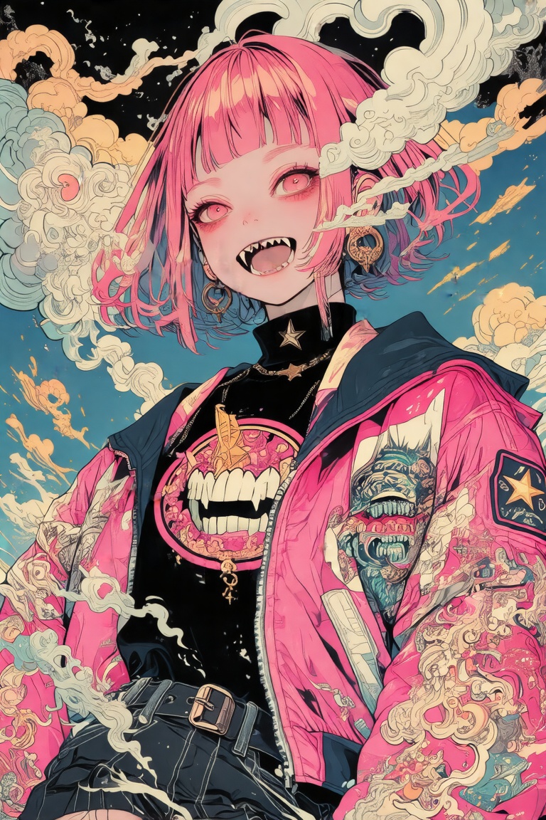1girl, solo, earrings, jewelry, jacket, pink hair, short hair, smoke, looking at viewer, pink eyes, teeth, shirt, black shirt, bangs, clenched teeth, open clothes, upper body, open jacket, skirt, long sleeves, cloud, from below, fangs, turtleneck, star (symbol), pink jacket, sky, blunt bangs