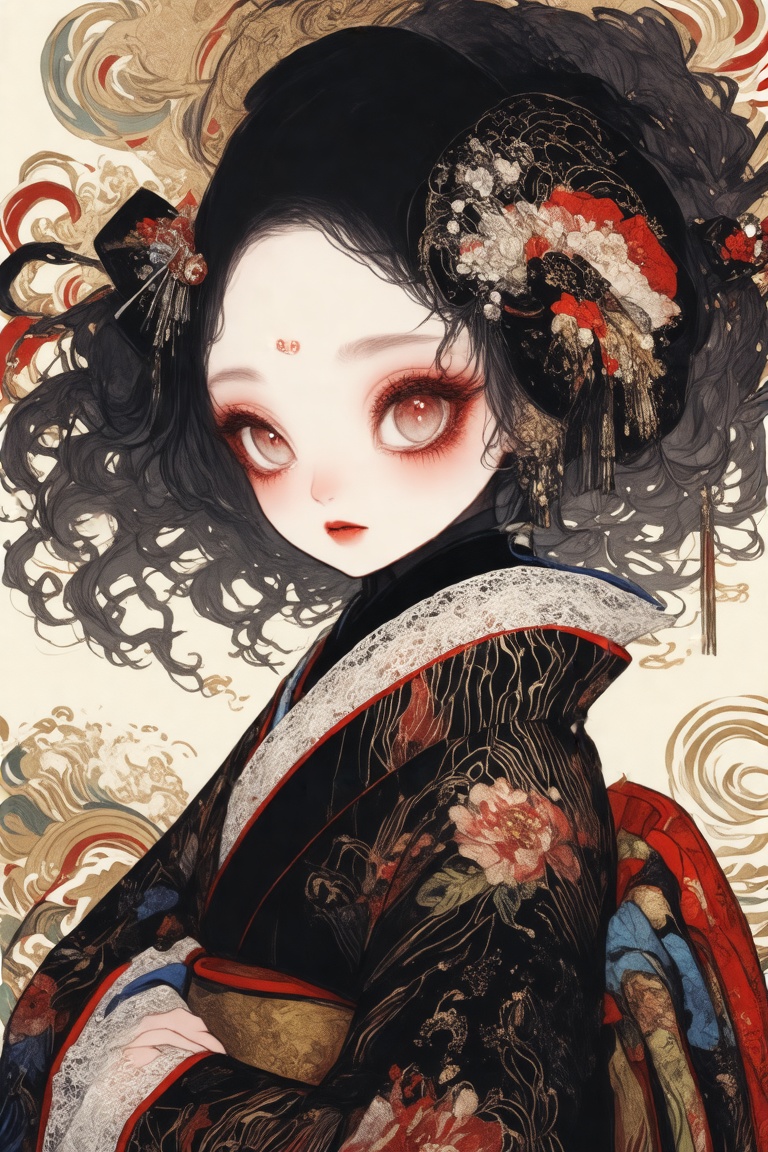 1girl, solo, kimono, japanese clothes, looking at viewer, black hair, black kimono, upper body, sash, hair ornament, flower, obi, red eyes, red flower, print kimono, long sleeves, hair flower, wavy hair, long hair, lace trim, grey eyes, floral print, red lips, lace, wide sleeves, floating hair, from side, abstract background, bow, makeup, closed mouth, forehead, blush, black flower