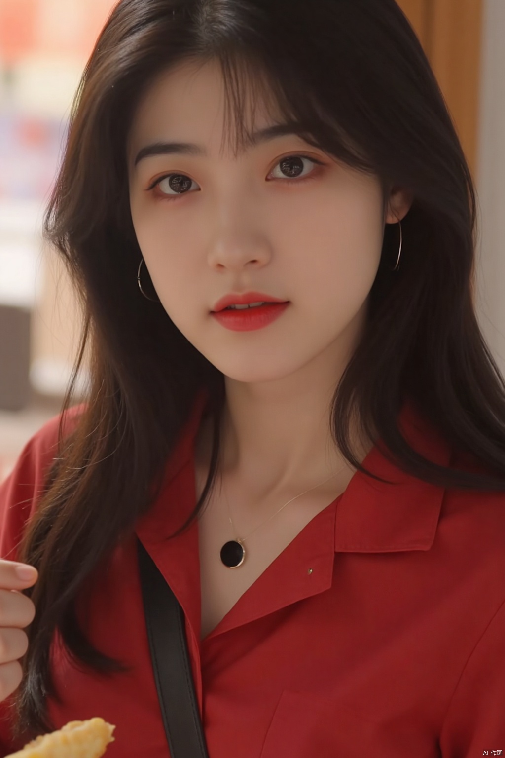 1girl, solo, long hair, looking at viewer, bangs, shirt, black hair, jewelry, upper body, earrings, food, solo focus, indoors, necklace, bag, mole, blurry, black eyes, lips, mole under eye, blurry background, red shirt, watch, realistic, nose, wristwatch, photo background