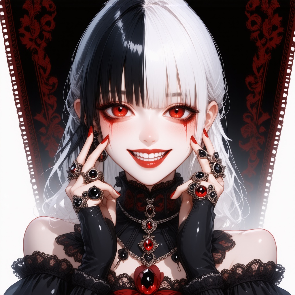 This is a highly detailed digital artwork featuring an anime-style character with a striking, gothic aesthetic. The character is a young woman with a pale, almost ghostly complexion and striking red eyes. Her hair is a striking contrast, split colour with a black section on the left and a white section on the right, forming a dramatic fringe that partially covers her eyes. She has a sharp, angular jawline and a mischievous smile, revealing a single, sharp tooth. She wears several ornate rings on her fingers, each adorned with intricate designs and gemstones. One of these rings has a prominent black gemstone, adding to the gothic theme. She also wears large, red and black earrings that match the theme. The background is dark and intricate, filled with red and black patterns, adding to the overall gothic atmosphere. The character's attire includes a black and red dress with a high collar and lace detailing, which complements her dark and mysterious appearance. The image is highly detailed, with a focus on the character's face and hands, creating a dynamic and engaging portrait, suprn1j1