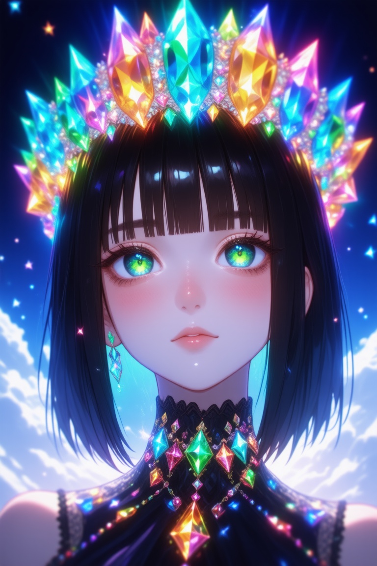 This is a digital illustration in a vibrant, anime-inspired style. The subject is a young woman with an ethereal, otherworldly appearance. She has straight, shoulder-length dark brown hair with a striking, geometric, gemstone-inspired headpiece that refracts light into a kaleidoscope of colors, including blue, green, purple, and pink. Her eyes are large and expressive, with a mesmerizing, iridescent quality, reflecting the colors of the gemstones on her headpiece.