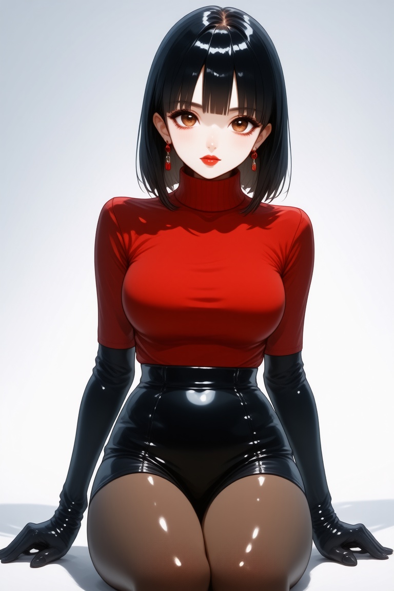 This is a digital illustration in an anime-inspired style, featuring a young woman with a striking appearance. She has a slender, athletic build and a fair, porcelain skin tone. Her hair is a sleek, jet-black bob with blunt bangs, styled to frame her heart-shaped face. Her large, expressive brown eyes are accentuated by subtle eyeliner and mascara, and her lips are painted a bold, glossy red, matching her outfit of a red turtleneck sweater and black mini skirt, elbow gloves complete her outfit, viewed from low angle, thighs up shot, suprn1j1