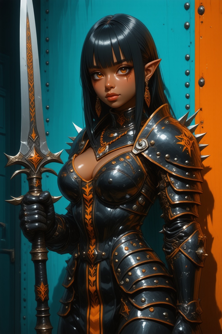 This image is a digital illustration in a fantasy anime style, featuring a female warrior with elven characteristics. She has dark skin and long, straight black hair with bangs that frame her face. Her large, expressive amber eyes are accentuated by thick, black eyeliner. She wears a full set of spiked, dark armor adorned with intricate, orange designs and studs, which highlight her muscular build and ample cleavage. The armor is highly detailed with a glossy texture that reflects light, adding a sense of depth and realism.
She holds a large, ornate sword in her right hand, which has a black handle and a blade with a pattern of orange and black symbols. The background is a vibrant, contrasting mix of teal and orange, suggesting a futuristic or high-tech setting with metallic textures. The teal wall is smooth, while the orange section has a rough, metallic texture, adding to the industrial feel. The image exudes a sense of strength and determination, combining elements of fantasy, technology, and warrior aesthetics, suprn1j1