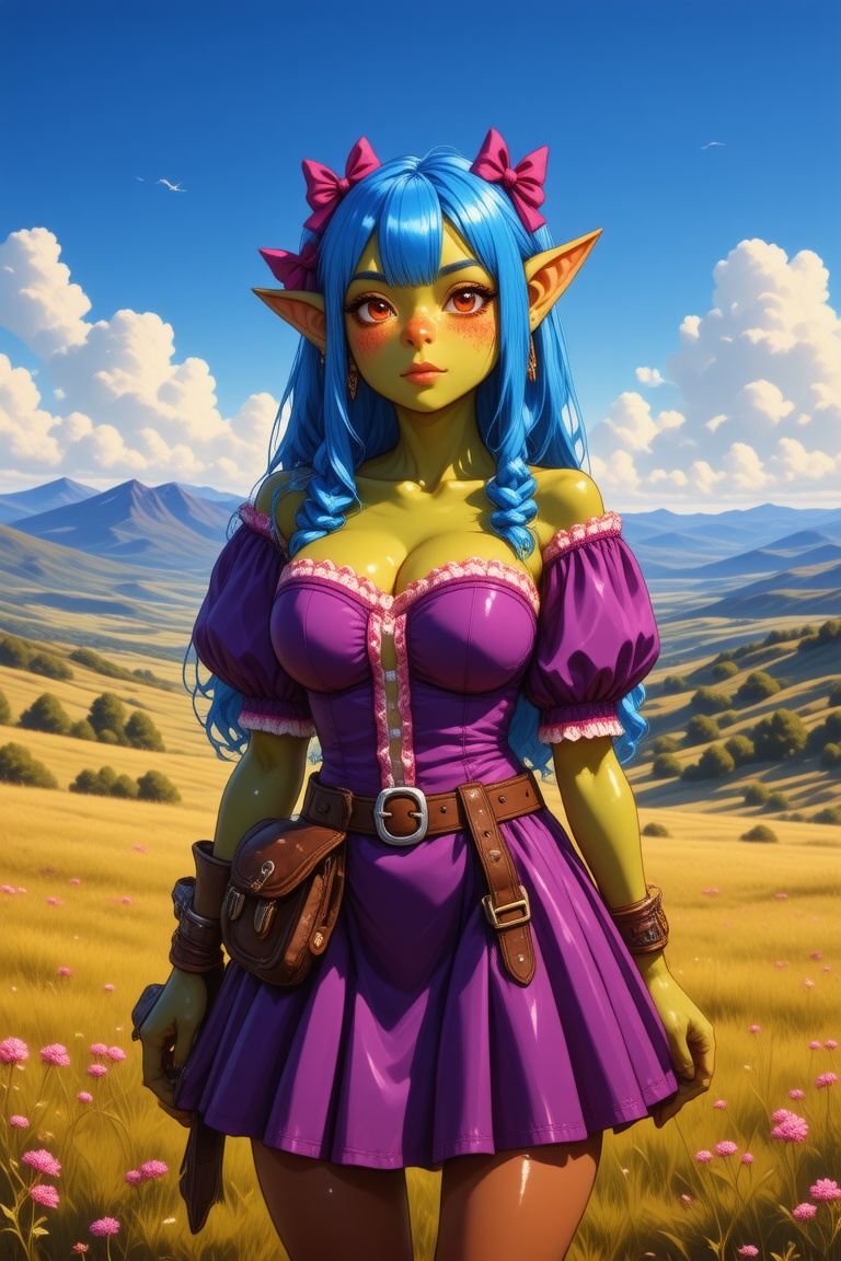 This image is a highly detailed digital illustration in a vibrant, anime-inspired style. The central figure is a female orc, identifiable by her green skin and pointed ears. Her face is round and wide, tiny anime nose, and freckles with a light blush on her cheeks. She has long, flowing blue hair adorned with large pink bows, and her eyes are a striking red, adding to her exotic appearance. Her outfit is a fantasy-inspired, form-fitting ensemble with a deep purple bodice that accentuates her ample bust and a matching skirt that flares at the hips. The top has puffed sleeves and a plunging neckline, while the skirt has a high waistline. She wears a belt with a small pouch and a quiver on her hip, suggesting she is a skilled adventurer. The background features a vast, rolling landscape of golden grasslands under a clear blue sky, with distant mountains silhouetted in the horizon. The lighting suggests it is either early morning or late afternoon, with warm hues casting a gentle glow over the scene. The textures of the orc's skin and the fabric of her clothing are meticulously detailed, emphasizing the realism and depth of the digital art. The overall mood is one of adventure and fantasy, with the orc exuding a confident and playful demeanor, suprn1j1
