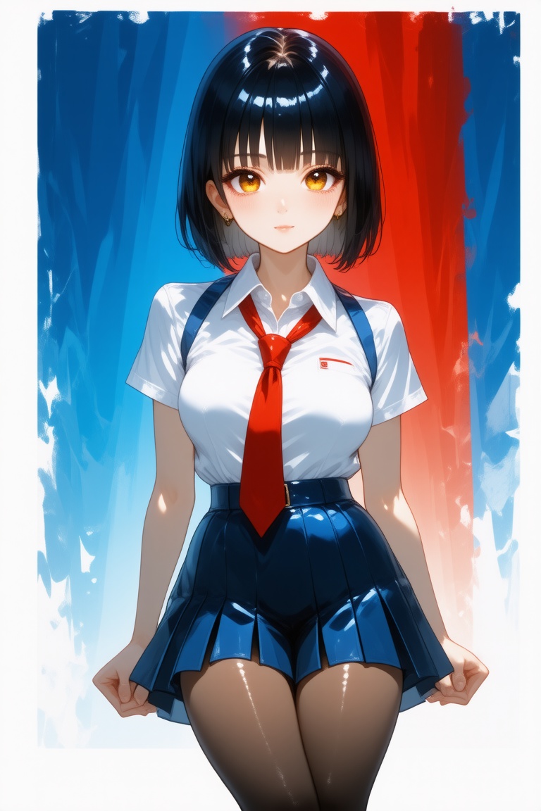 The image is a vibrant, high-quality digital illustration in the anime style, featuring a young woman in a provocative schoolgirl outfit. She has a petite build with a fair skin tone and short, bob-cut black hair with bangs. Her eyes are strikingly large and golden, giving her an alluring appearance. She wears a white short-sleeved blouse with a red necktie, a blue pleated skirt, and black thigh-high stockings, suprn1j1