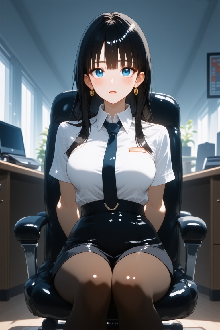 This is a digital illustration in an anime style, featuring a young woman sitting in an office chair. The woman has long, straight black hair with bangs that cover her forehead, and her skin is a fair complexion. She has large, expressive blue eyes and a slightly flushed face, suggesting a mix of embarrassment or surprise, suprn1j1