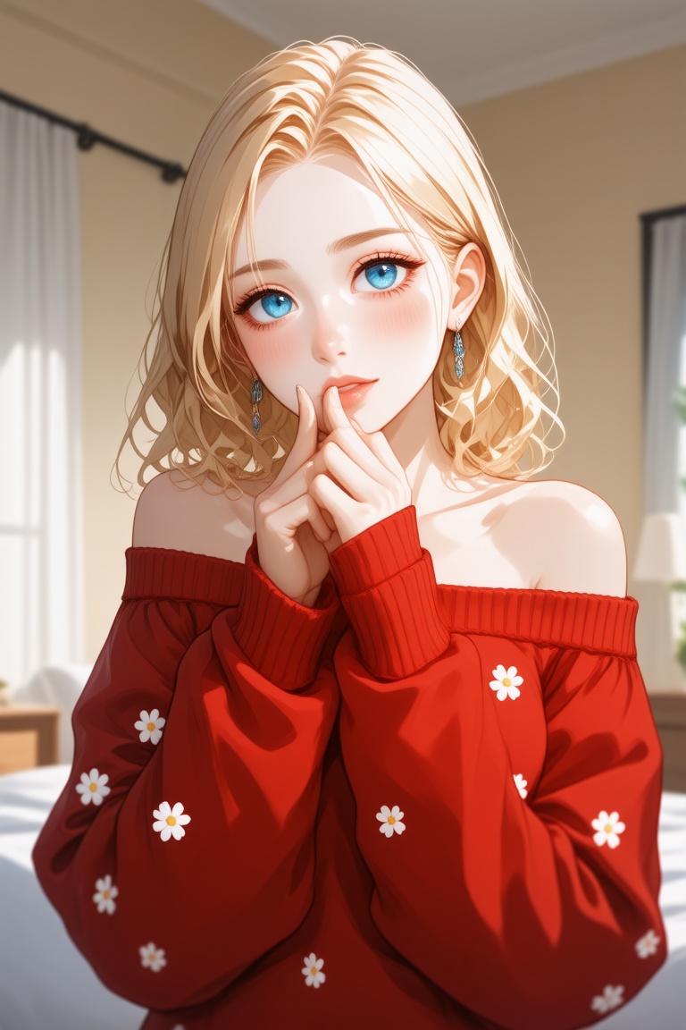 This is a digital illustration in a semi-realistic anime style, featuring a young woman with a light skin tone and shoulder-length, wavy blonde hair. She has striking, large, blue eyes with long, thick lashes, and a blush that accentuates her cheeks. Her expression is a blend of bashfulness and curiosity, with her right hand gently covering her mouth. She is wearing a loose, off-the-shoulder red sweater adorned with small white flower designs, which highlights her slender frame and medium-sized breasts. The sweater's fabric appears soft and slightly textured, with a hint of shadowing that gives it a three-dimensional feel. The background is a simple, gradient of light beige and cream, suggesting a warm, indoor setting, possibly a bedroom or a cozy living room. The overall color palette is warm, dominated by soft yellows, creams, and oranges, creating a comforting and intimate atmosphere. The lighting is soft and diffused, casting gentle shadows that add depth to the image. The illustration captures a moment of quiet introspection or perhaps a shy interaction, with the character's posture and facial expression adding to the emotional depth of the scene., suprn1j1