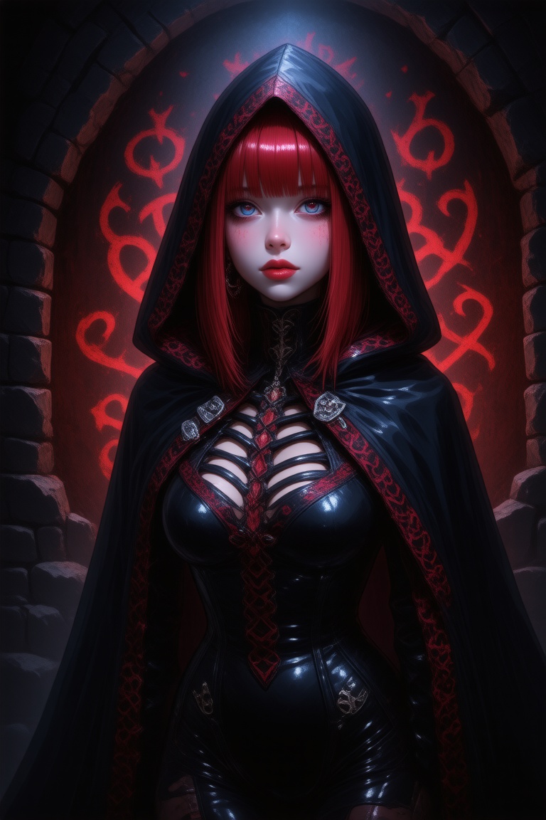 This is a digital artwork in a dark, gothic fantasy style. The central figure is a young woman with pale skin and striking red hair, styled in a straight, shoulder-length bob with blunt bangs. Her eyes are large and expressive, with a deep, dark blue hue, and she has full, pink lips. She wears a dark, high-collared, ornate garment that appears to be made of a combination of black and red fabric, with intricate, almost skeletal designs. The outfit has a prominent, high-cut neckline that exposes her ample cleavage, emphasizing her voluptuous figure. 

Her head is adorned with a dark, hooded cloak that seems to be made of a glossy, almost reptilian material, with red and black tones that blend into the background. The cloak is adorned with dark, jagged patterns and has a sinister, almost demonic appearance.

The background is a dark, shadowy setting with a backdrop of what appears to be an ancient, crumbling stone wall, covered in mysterious, glowing red and blue symbols. The overall mood of the image is dark and mysterious, with a sense of otherworldly allure and danger. The artwork is highly detailed, with a focus on textures and the interplay of light and shadow, suprn1j1