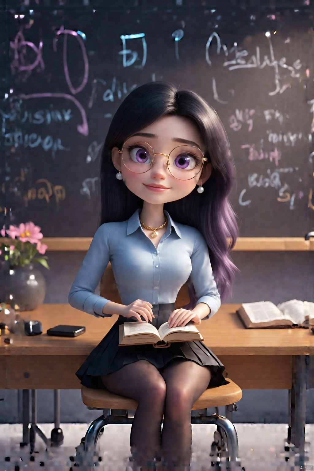 Disney style,Pixar 3D illustration,8K,masterpiece,OC rendering,intricate detail,3d chibi style_CHLO,chibi,3D Pixar style,1girl, solo, long hair, breasts, looking at viewer, blush, bangs, skirt, large breasts, shirt, black hair, long sleeves, holding,  jewelry, sitting, purple eyes, collarbone, purple hair, flower, pantyhose, earrings, parted lips, indoors, hand up, black skirt, necklace, nail polish, black footwear, mole, high heels, lips, legs, parted bangs, book, black pantyhose, mole under eye, makeup, blue shirt, lipstick, desk, holding book, thighband pantyhose, mature female, classroom, chalkboard, pearl necklace, on desk, teacher, sitting on desk, holding an open book and wearing glasses