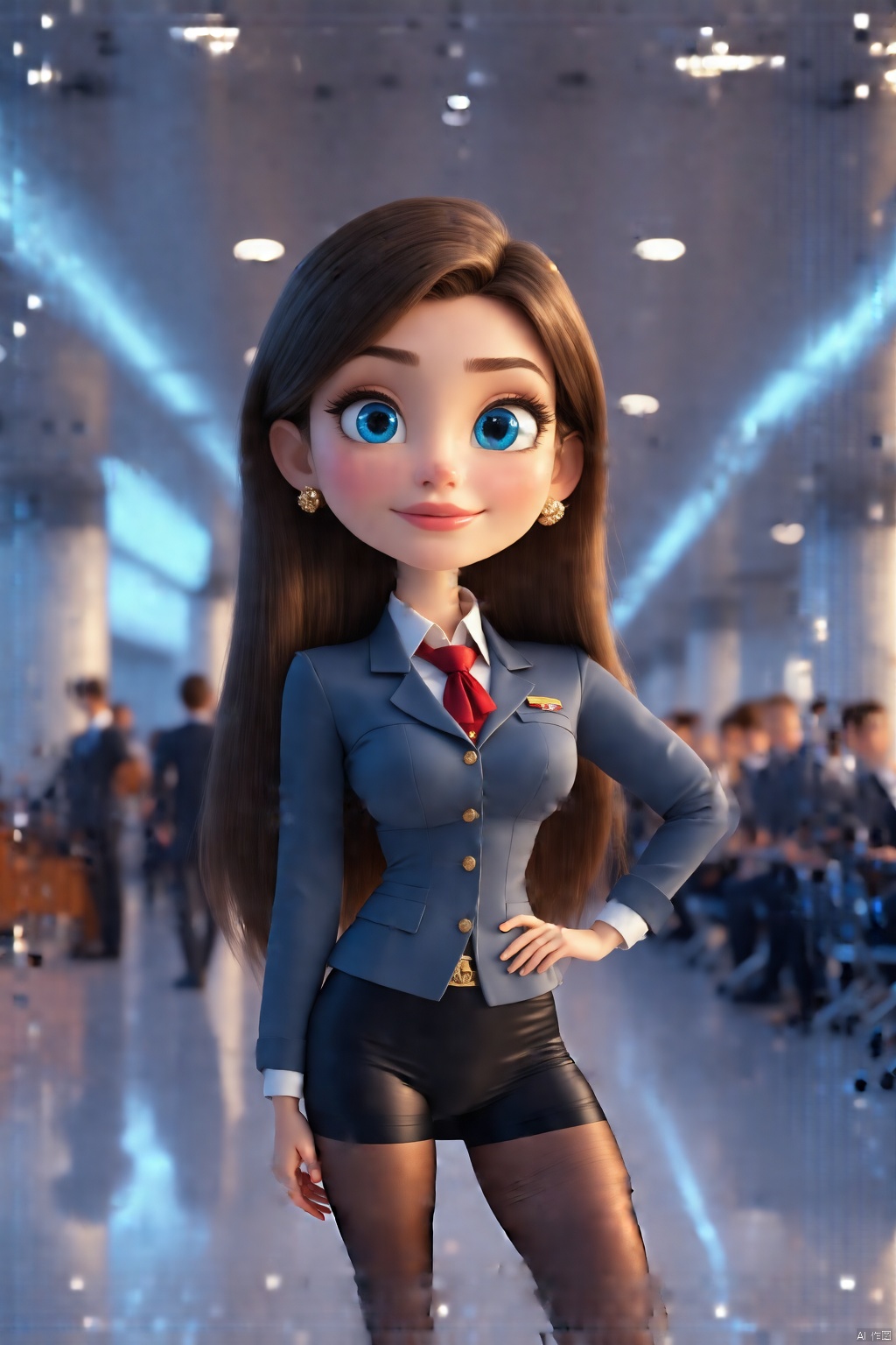 Disney style,Pixar 3D illustration,8K,masterpiece,OC rendering,intricate detail,3d chibi style_CHLO,chibi,3D Pixar style,make up,shiny skin,(brown hair),very long hair,looking at viewer,blueeyes,earrings,large breasts,slim body,(((flight attendant uniform, uniform, airport, lounge:1.3))),perfect lighting,(front lighting),physically-based rendering,(black pantyhose:1.2),standing,sexy pose,