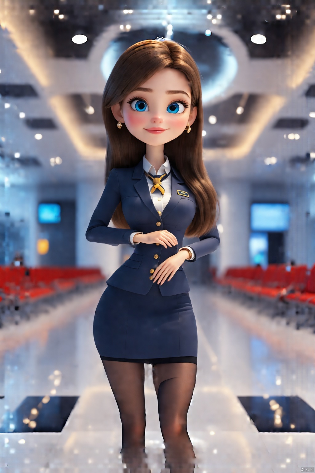 Disney style,Pixar 3D illustration,8K,masterpiece,OC rendering,intricate detail,3d chibi style_CHLO,chibi,3D Pixar style,make up,shiny skin,(brown hair),very long hair,looking at viewer,blueeyes,earrings,large breasts,slim body,(((flight attendant uniform, uniform, airport, lounge:1.3))),perfect lighting,(front lighting),physically-based rendering,(black pantyhose:1.2),standing,sexy pose,