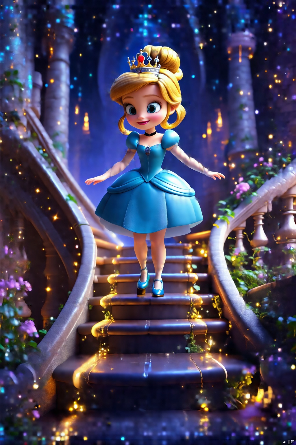 Disney style,Pixar 3D illustration,8K,masterpiece,OC rendering,intricate detail,3d chibi style_CHLO,chibi,3D Pixar style,cinderella loses her shoe while descending the stairs of the enchanted castle at night.. in 3d, disney cartoon style,