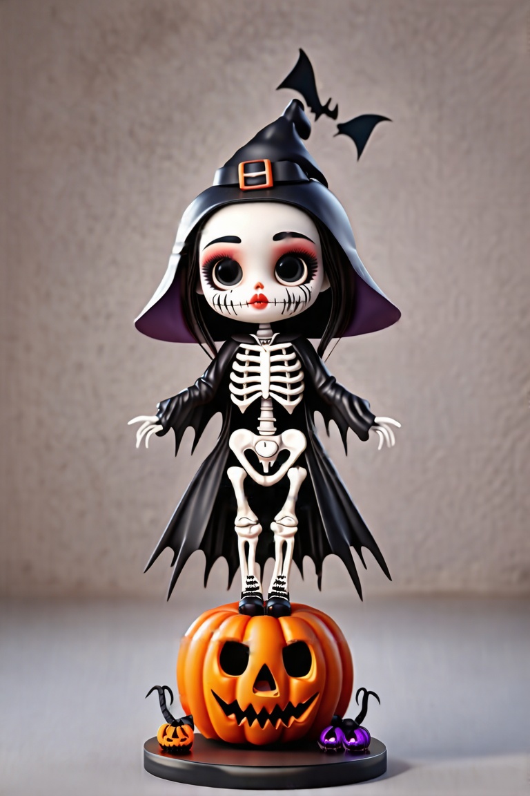 FuturEvoLabFigure, Figure_FuturEvoLab, 
1girl, 3D, chibi, Horror Skeleton Costume, Halloween costume, PUMPKIN, 
