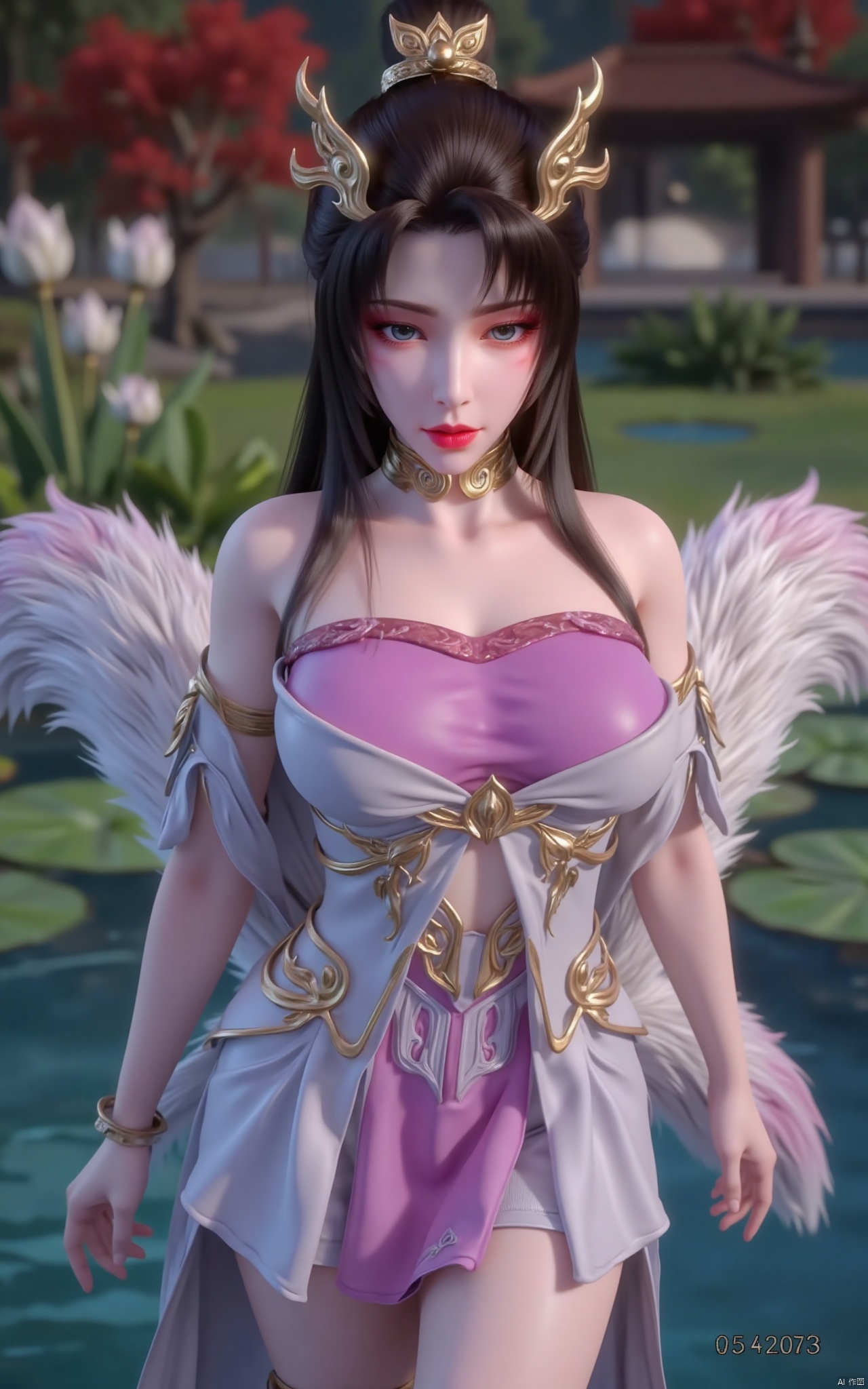masterpiece,(best quality),official art, (1girl), (solo), ((looking_at_viewer)),(huge breasts:2.39),(full breasts:1.99),Xzhaoliner,(Lotus pond, lotus:1.52),Xyanqingcheng,Xxiyouqin,Xhongdie,Xlannuo,Xtianhuxianzi,Xhenrendadi