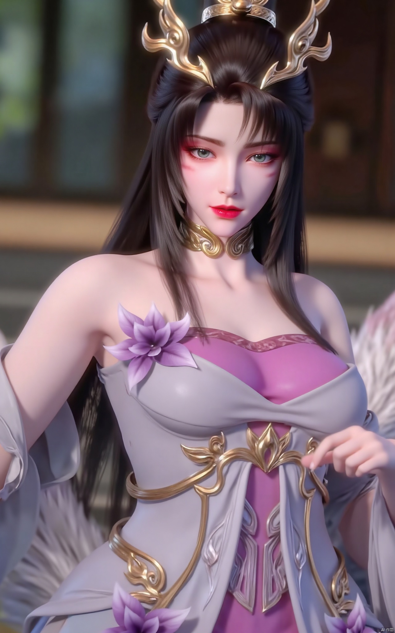 masterpiece,(best quality),official art, (1girl), (solo), ((looking_at_viewer)),(huge breasts:2.39),(full breasts:1.99),Xzhaoliner,(Lotus pond, lotus:1.52),Xyanqingcheng,Xxiyouqin,Xhongdie,Xlannuo,Xtianhuxianzi,Xhenrendadi