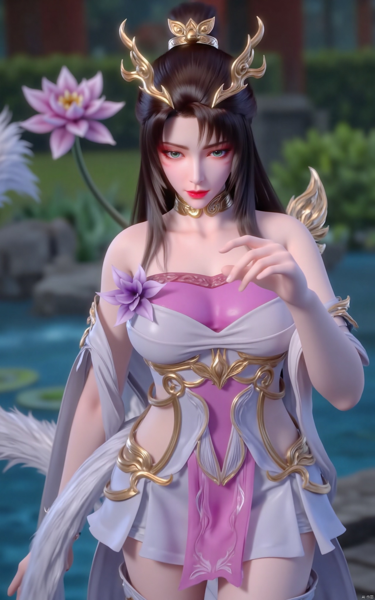 masterpiece,(best quality),official art, (1girl), (solo), ((looking_at_viewer)),(huge breasts:2.39),(full breasts:1.99),Xzhaoliner,(Lotus pond, lotus:1.52),Xyanqingcheng,Xxiyouqin,Xhongdie,Xlannuo,Xtianhuxianzi,Xhenrendadi