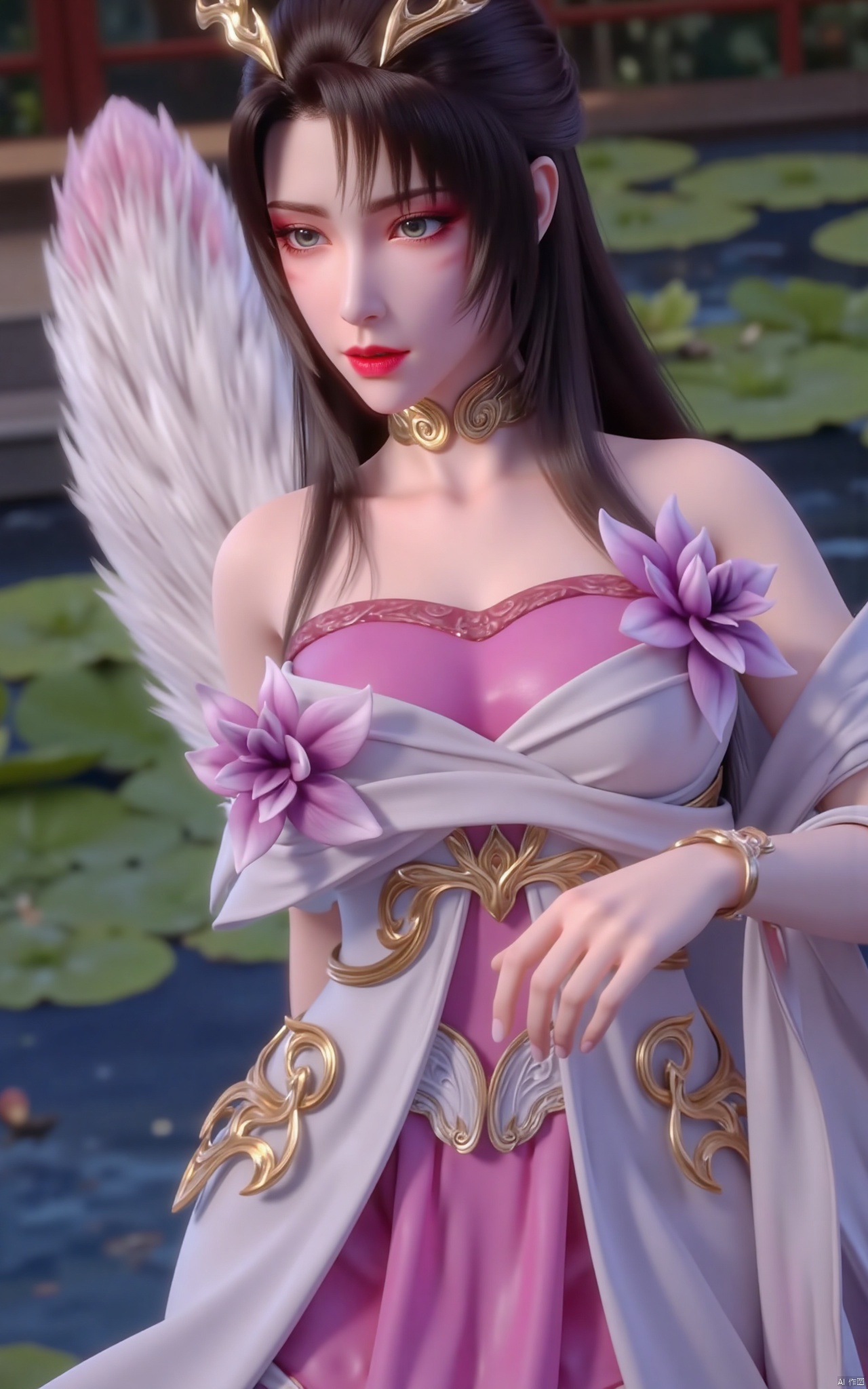 masterpiece,(best quality),official art, (1girl), (solo), ((looking_at_viewer)),(huge breasts:2.39),(full breasts:1.99),Xzhaoliner,(Lotus pond, lotus:1.52),Xyanqingcheng,Xxiyouqin,Xhongdie,Xlannuo,Xtianhuxianzi,Xhenrendadi