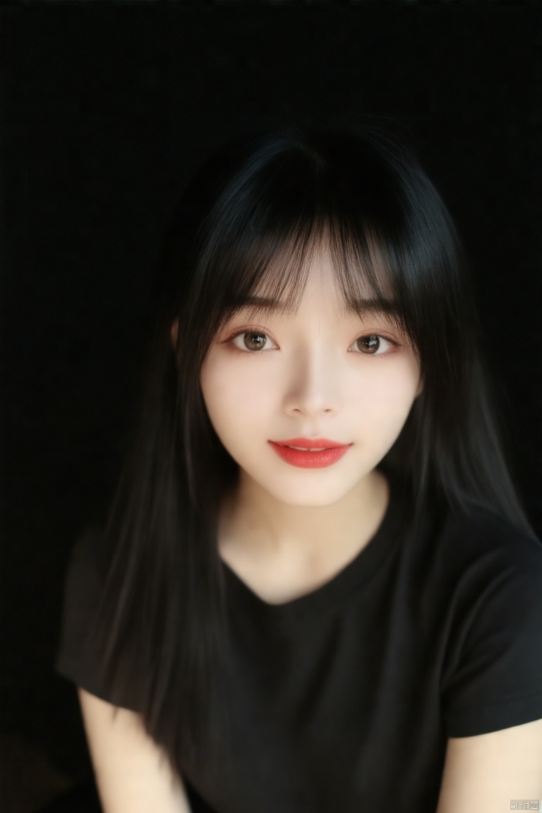 Captured in a low-angle perspective, a close-up shot of a young asian woman's face. Her black hair is cascading over her shoulders, framing her face. Her eyes are a piercing black, and her lips are a vibrant red, adding a pop of color to the scene. She is wearing a black t-shirt. The background is a solid black, creating a striking contrast.