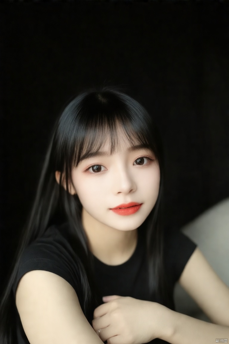 Captured in a low-angle perspective, a close-up shot of a young asian woman's face. Her black hair is cascading over her shoulders, framing her face. Her eyes are a piercing black, and her lips are a vibrant red, adding a pop of color to the scene. She is wearing a black t-shirt. The background is a solid black, creating a striking contrast.