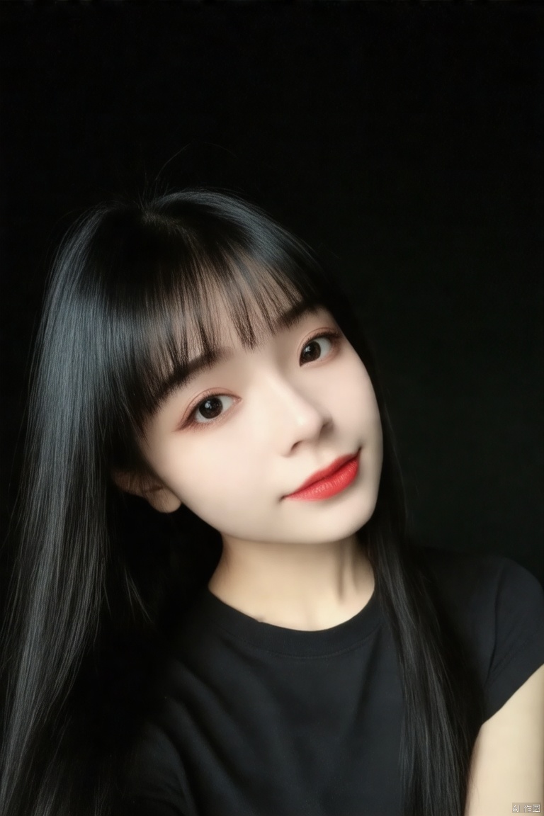 Captured in a low-angle perspective, a close-up shot of a young asian woman's face. Her black hair is cascading over her shoulders, framing her face. Her eyes are a piercing black, and her lips are a vibrant red, adding a pop of color to the scene. She is wearing a black t-shirt. The background is a solid black, creating a striking contrast.