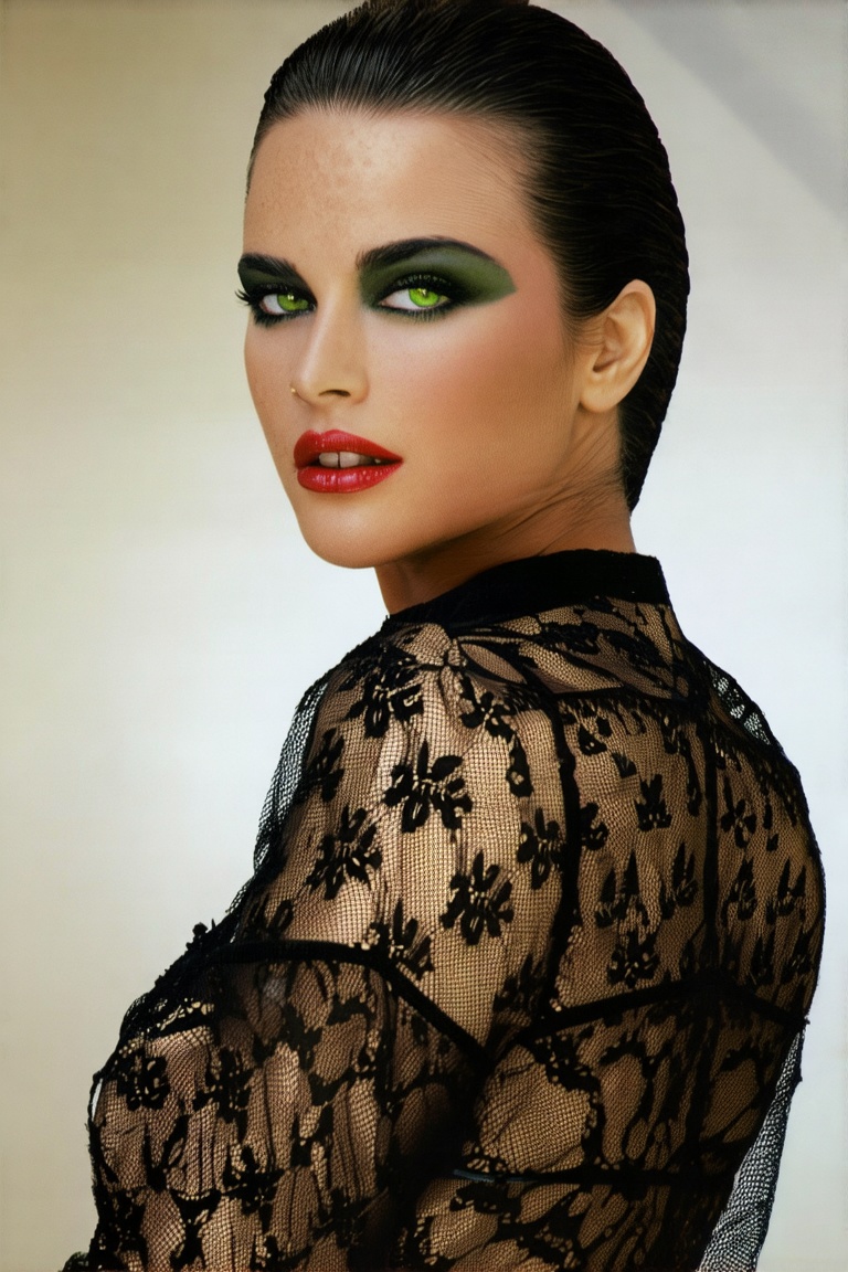 vintage magazine style. a portrait of a gorgeous woman with glossy lips and green eyes. She has a dark eyeshadow and eyeli...