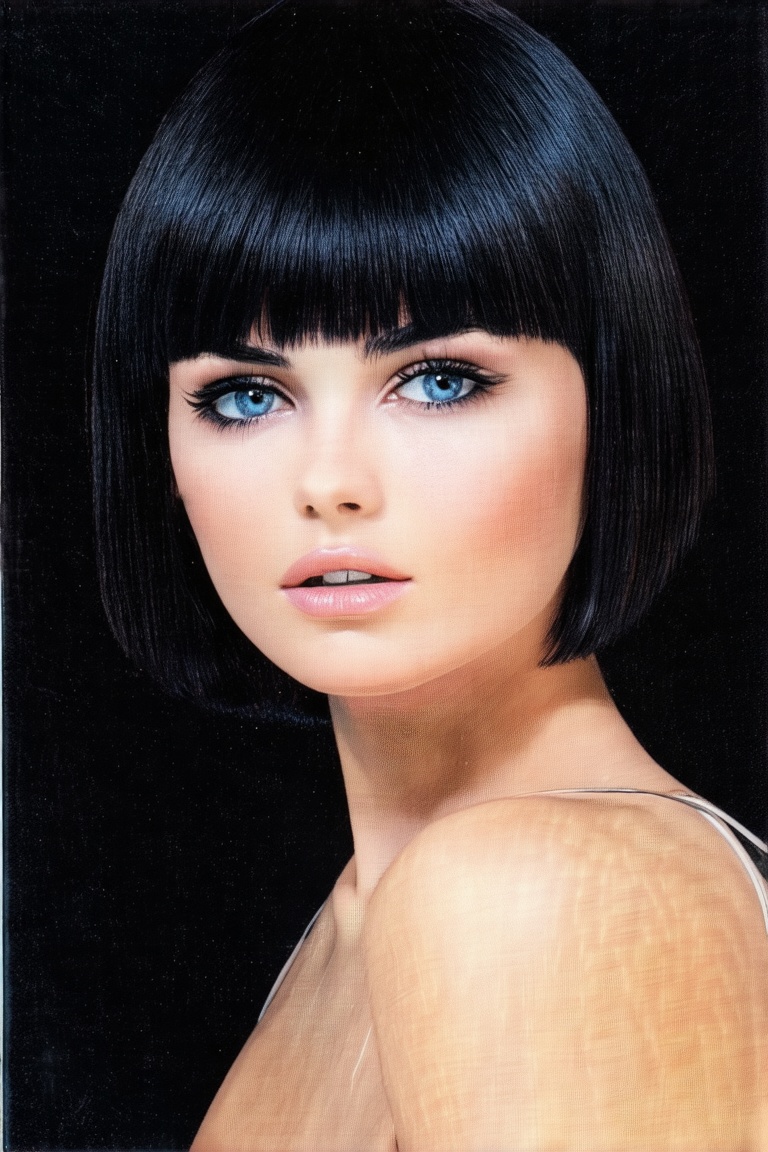 vintage magazine style. A professional face closeup of a gorgeous model,  she has black short hair with bangs and blue eye...
